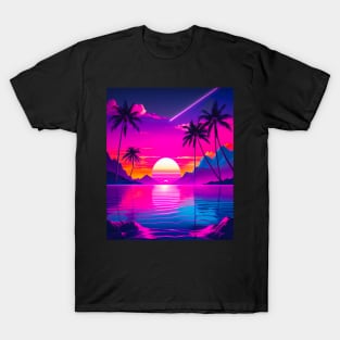 Vaporwave Retro Sunset Palm Trees Shooting Star - PanfurWare LLC T-Shirt